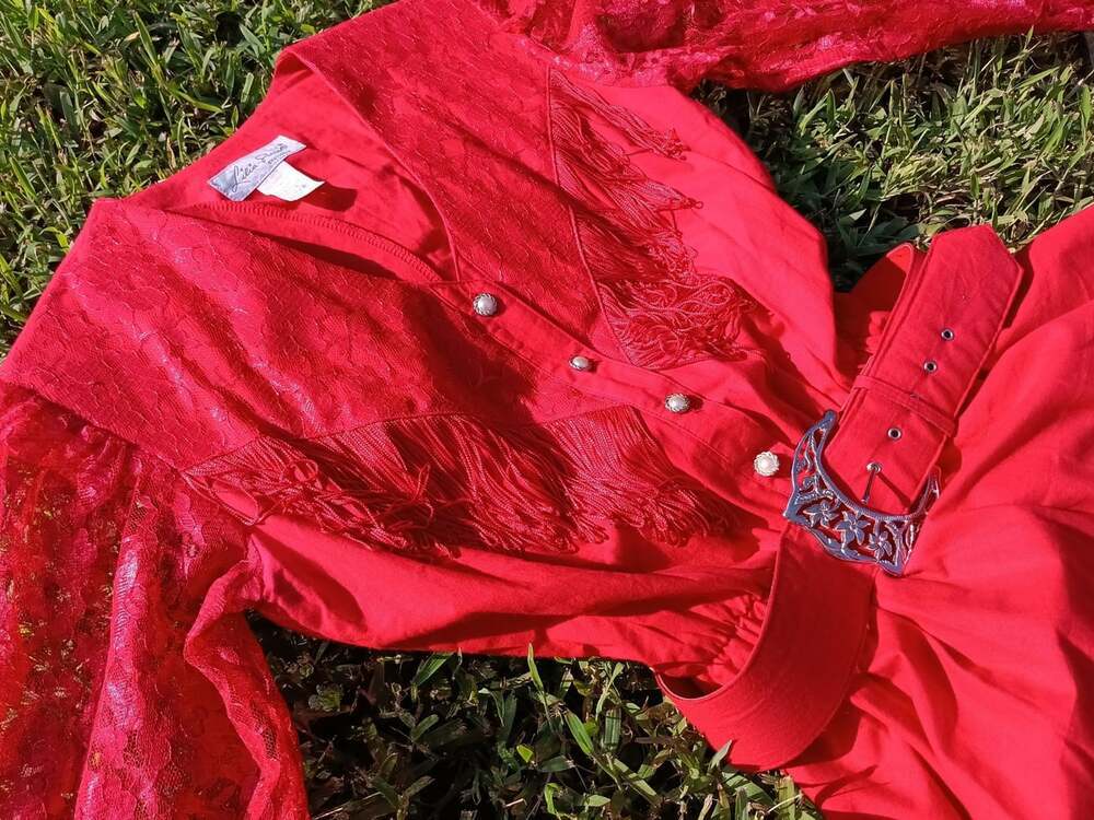 LILIA SMITY Vintage Western Dress Cowgirl Maxi Red Fringed Stud Buttons 9/10 - Picture 7 of 11
